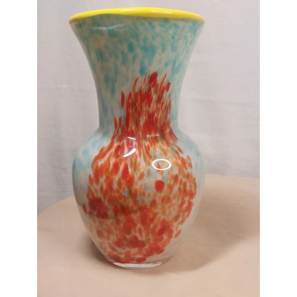 Hand Blown Studio Art Glass Vase Confetti Interior Turquoise Yellow Rim Modern